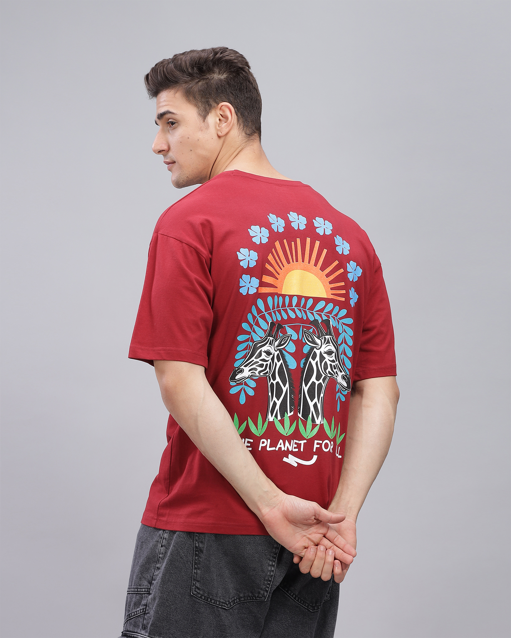 Deep Red True Oversized Fit Printed T-shirt for Men 