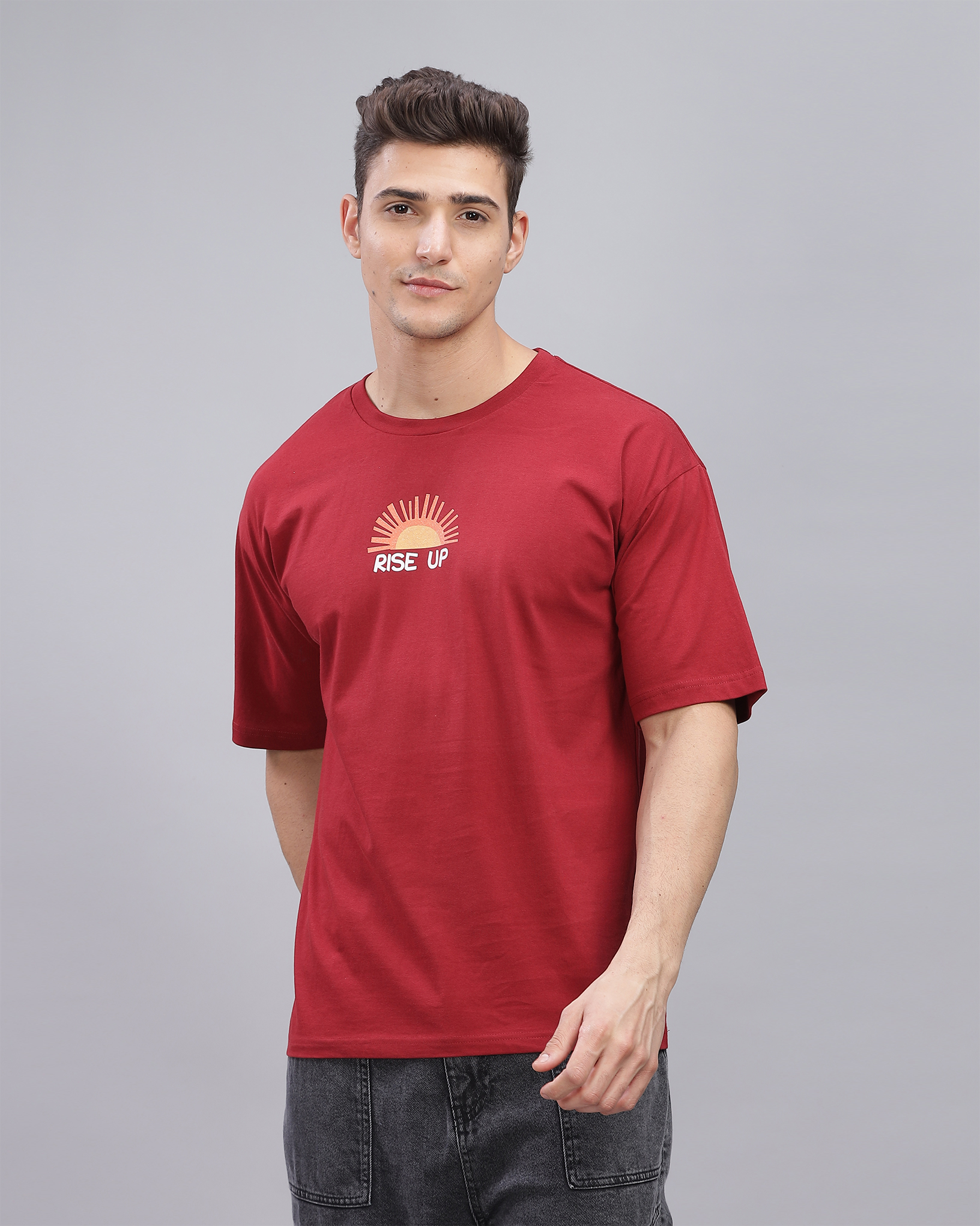 Deep Red True Oversized Fit Printed T-shirt for Men 