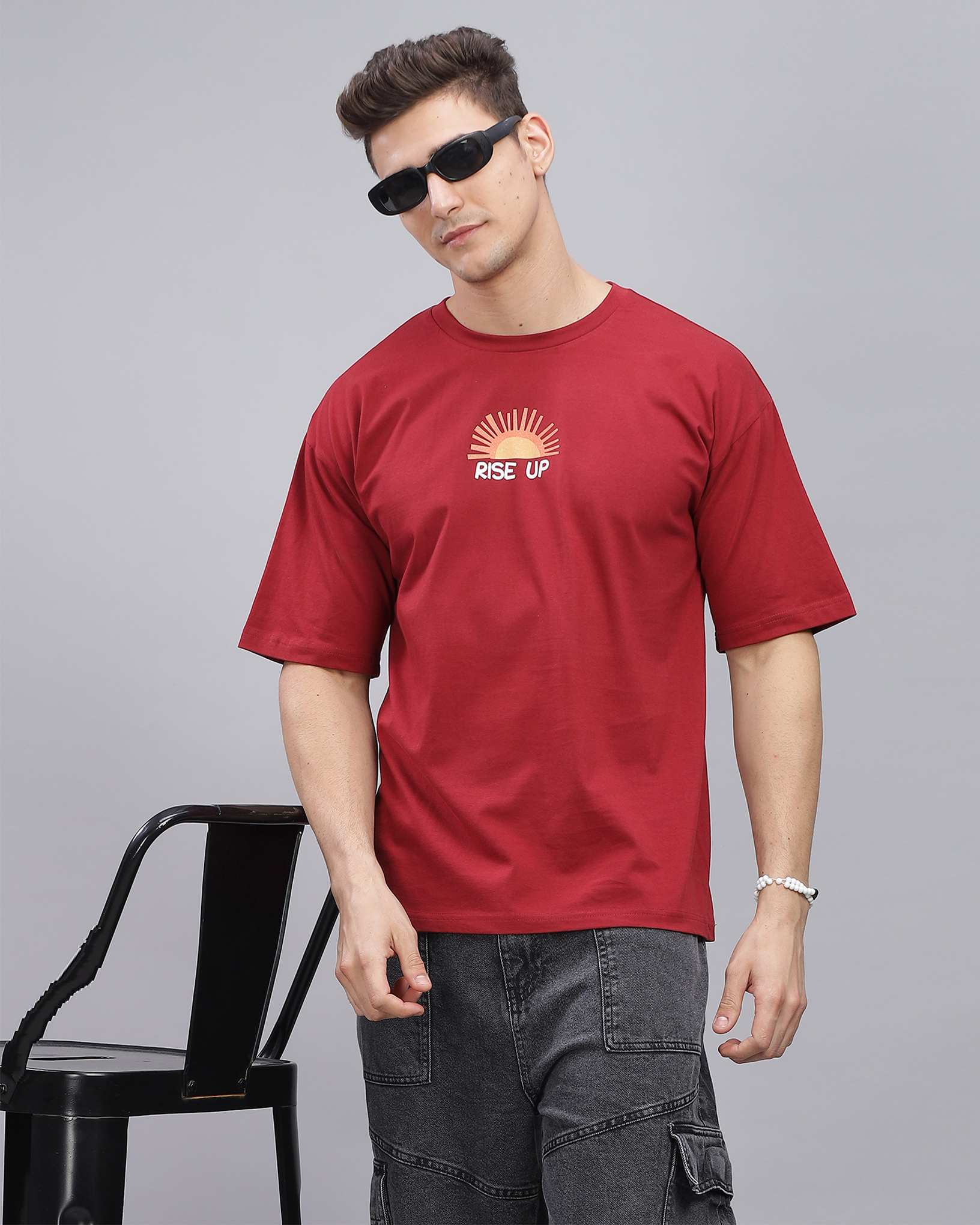 Deep Red True Oversized Fit Printed T-shirt for Men 