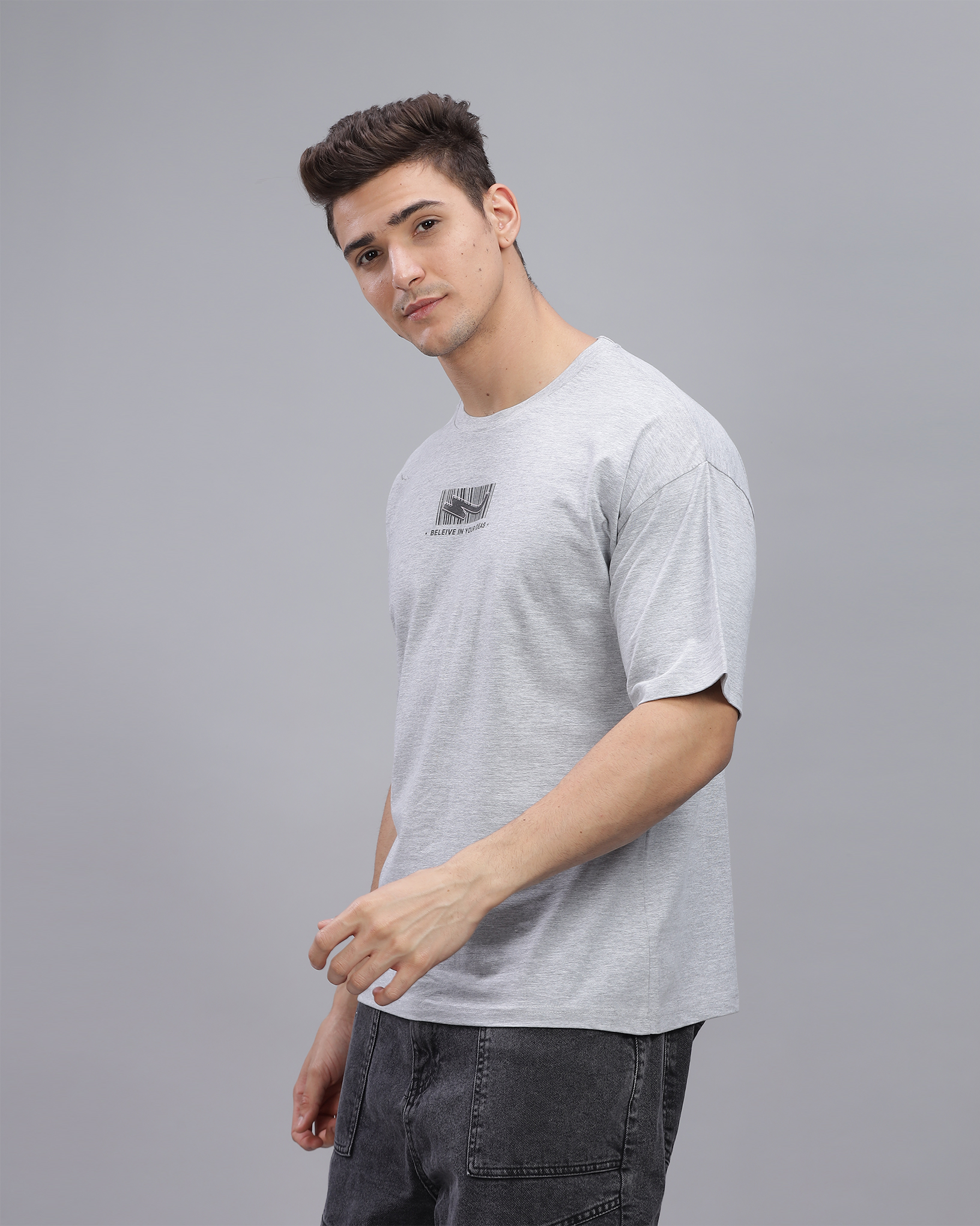 Grey Melange True Oversized Fit Printed T-shirt  for Men 