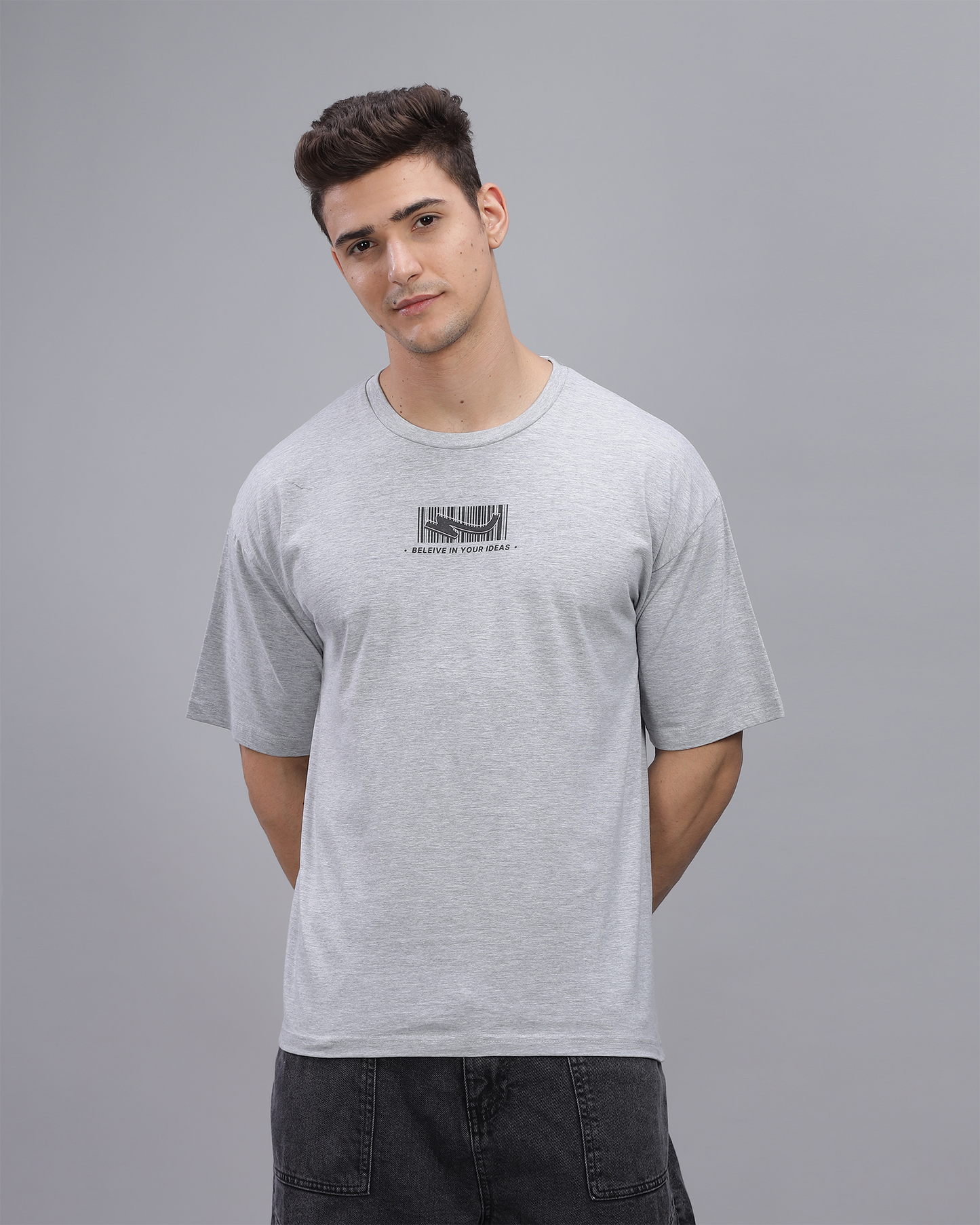 Grey Melange True Oversized Fit Printed T-shirt  for Men 