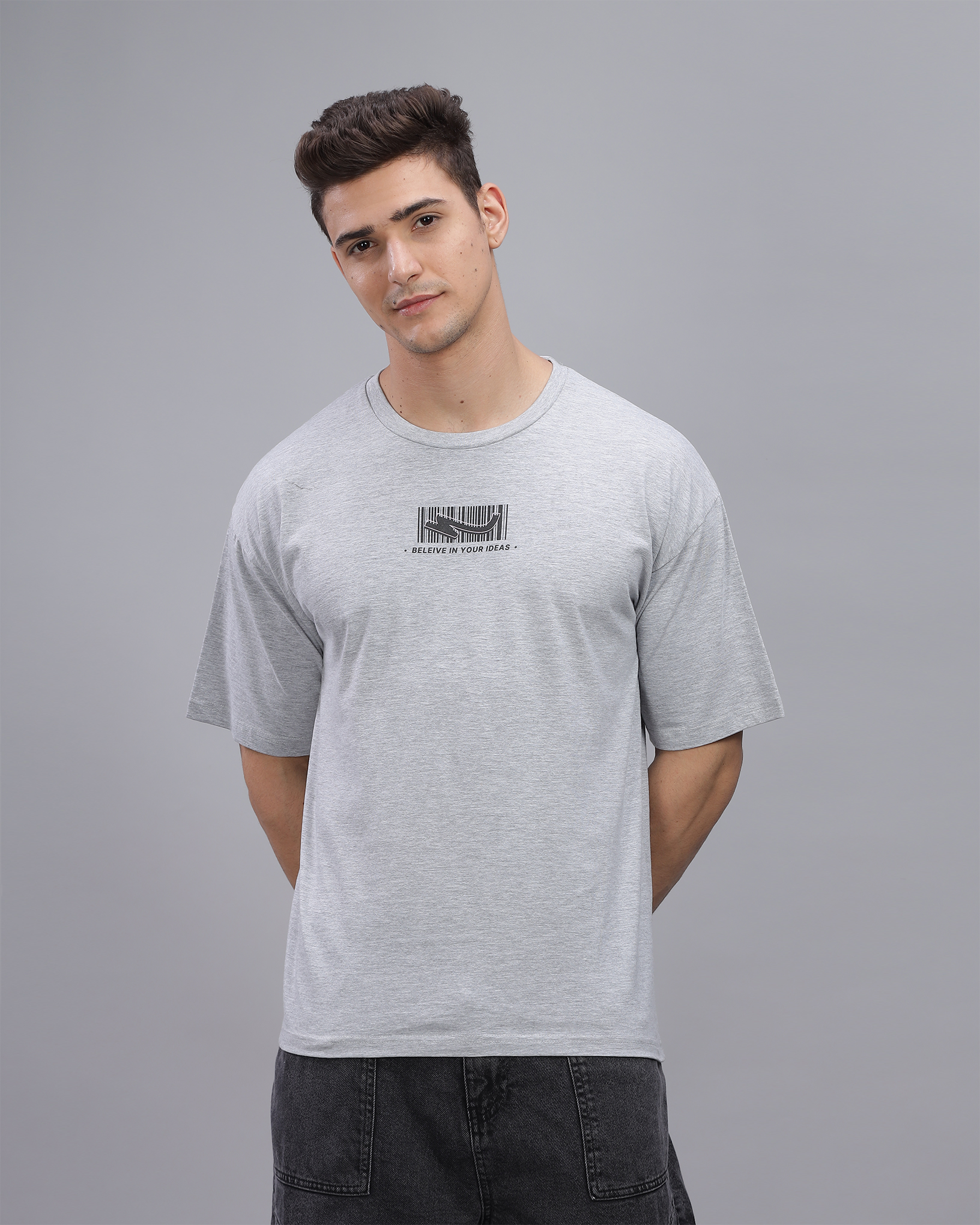 Grey Melange True Oversized Fit Printed T-shirt  for Men 