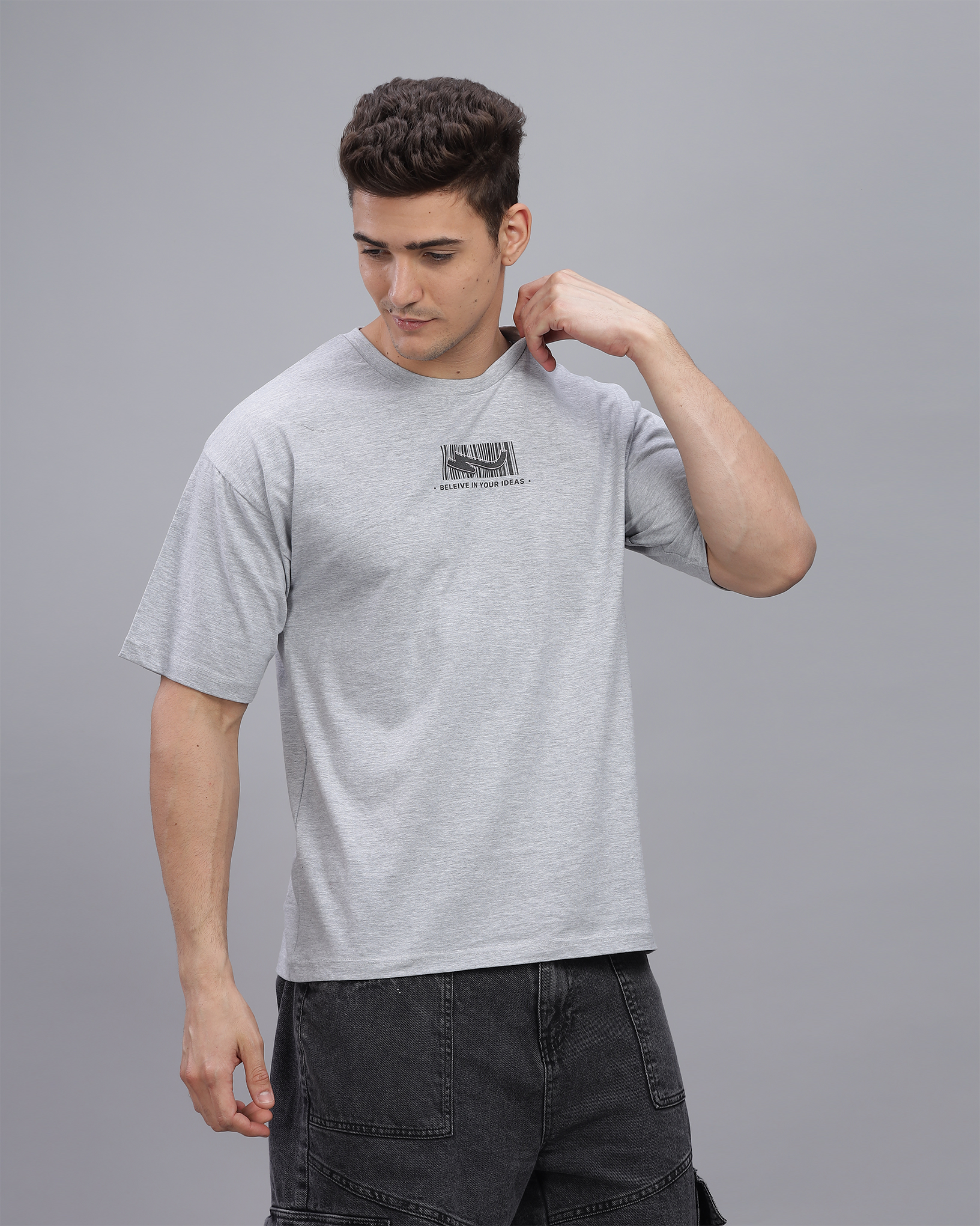 Grey Melange True Oversized Fit Printed T-shirt  for Men 