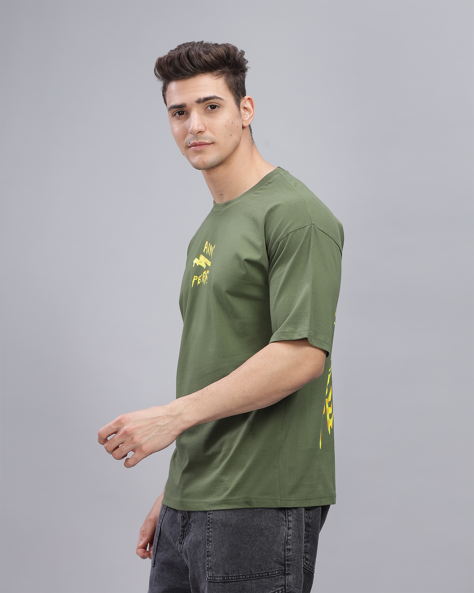 Olive True Oversized Fit Printed T-shirt for Men 