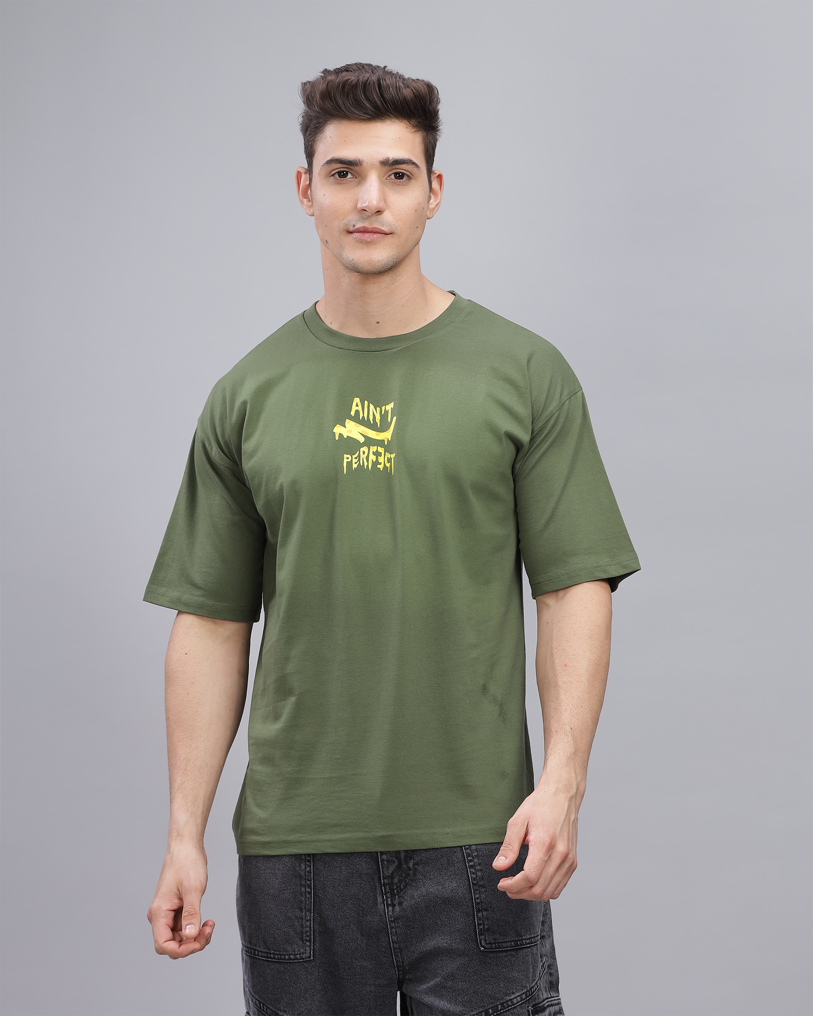 Olive True Oversized Fit Printed T-shirt for Men 