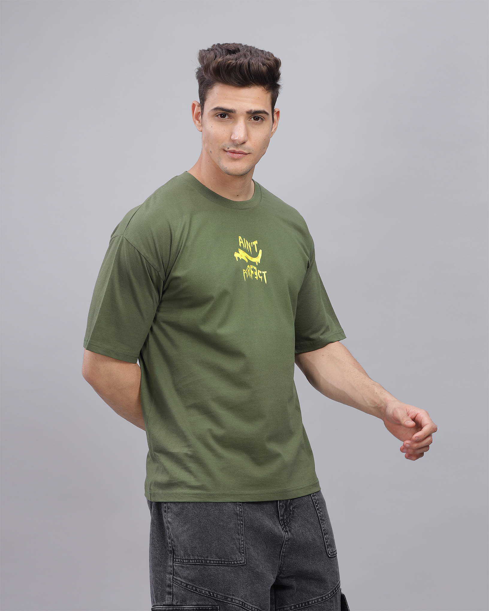 Olive True Oversized Fit Printed T-shirt for Men 