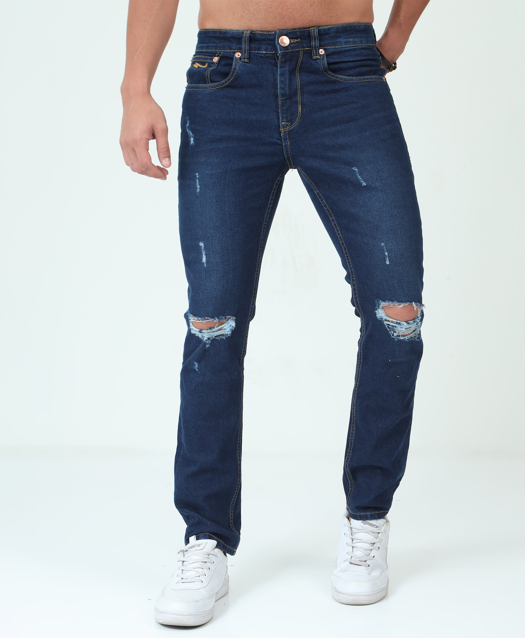 Distressed Medium Blue Slim-fit Jeans